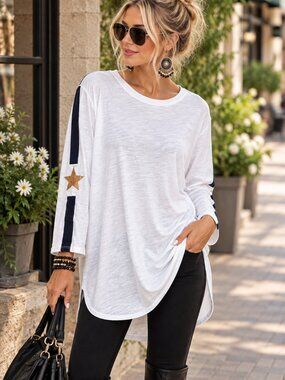 3rd Story XL White Cotton Tunic Top Navy Stripe Gold Star Long Sleeve